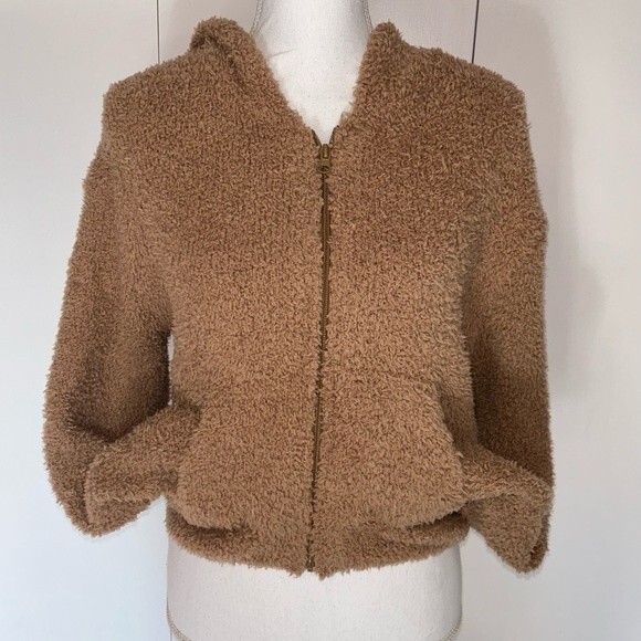 Young Fabulous & Broke Brown Fuzzy Full Zip Hoodie Sweatshirt Small Crop Teddy - Picture 2 of 9